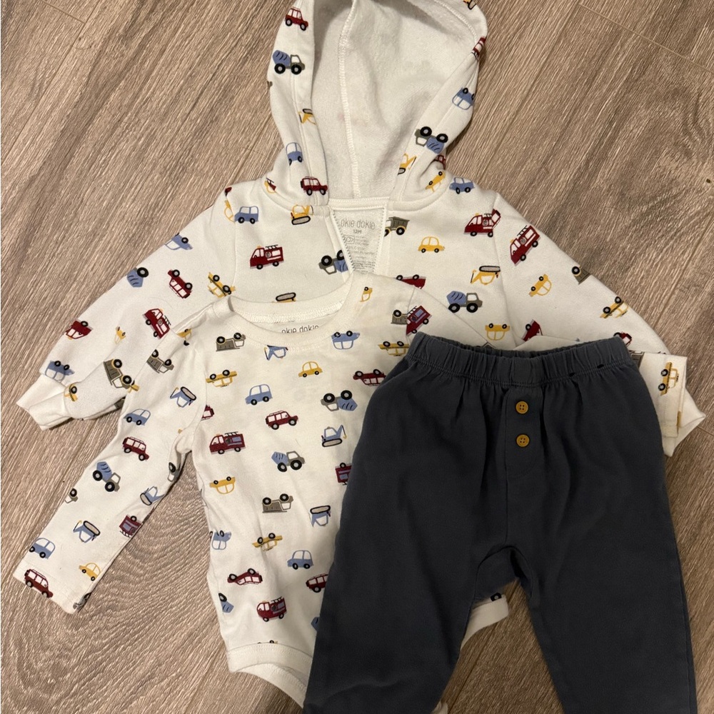 Okie Dokie Cute Car Print Hoodie, Onesie & Pants Set